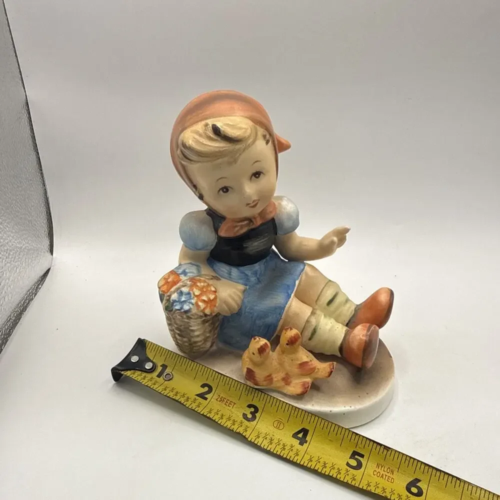 Vintage Porcelain Girl Figurine w/ Flower Basket & Chicks F-2 Hand Painted *